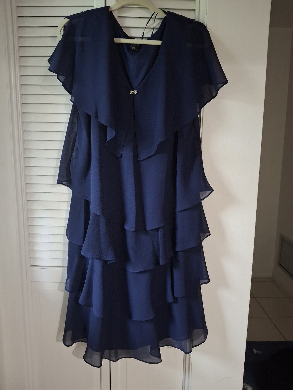 SLNY Navy Layered Chiffon Midi Dress with Pin Detail